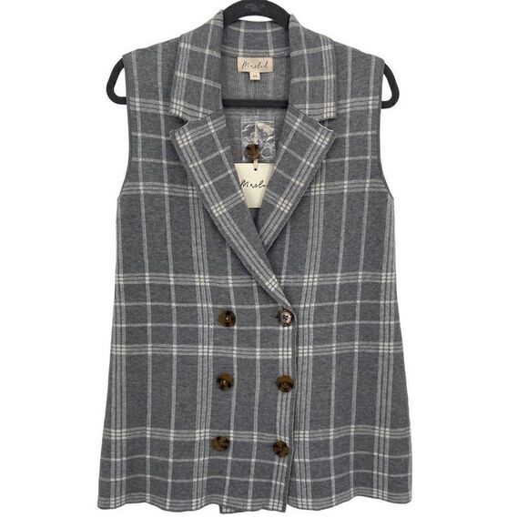 Marled Double Breasted Button Front Collared Plaid Vest Gray/White Medium NWT - Picture 1 of 9